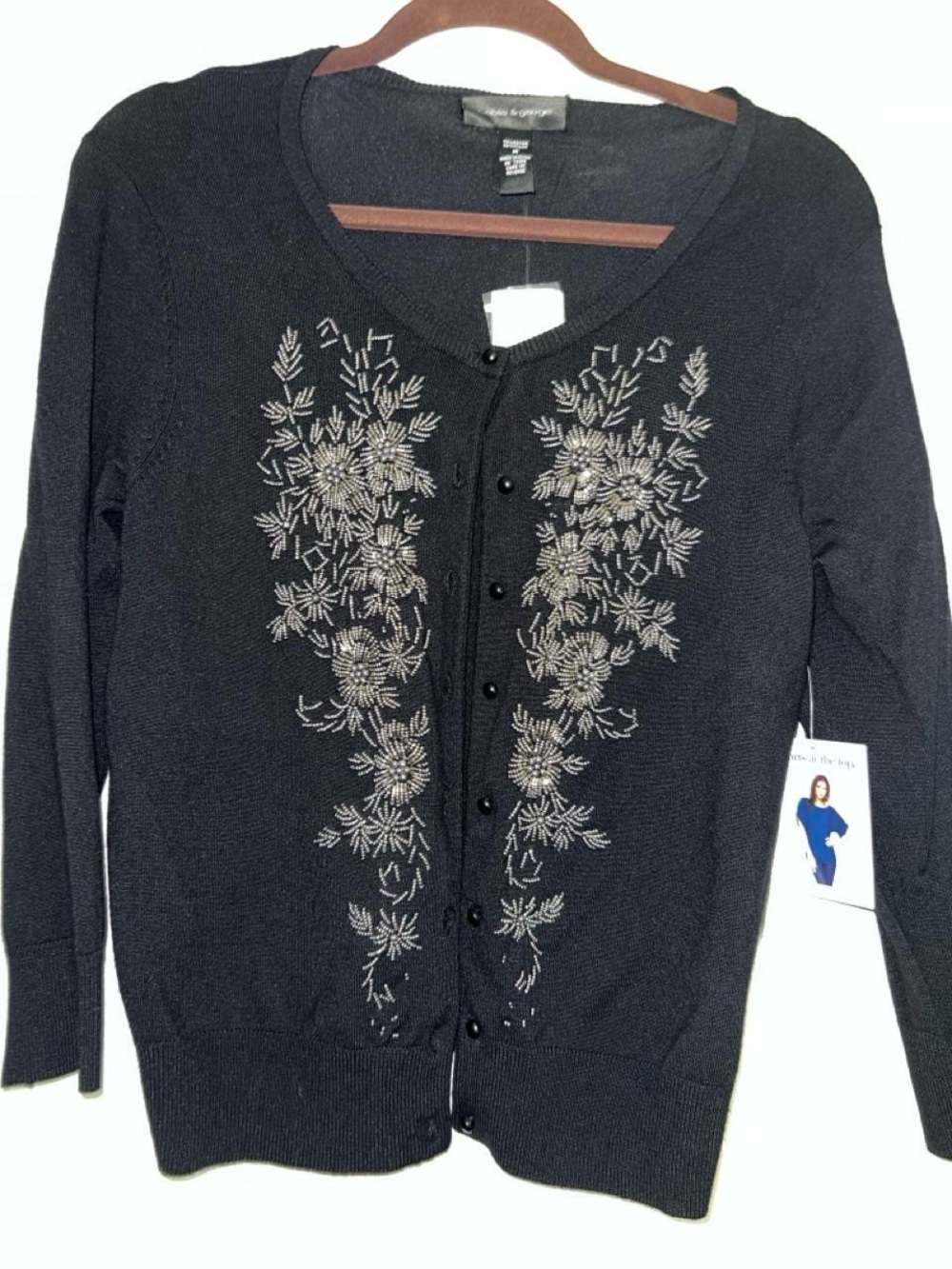Cable & Gauge Black Beaded Floral Button-Front Cardigan